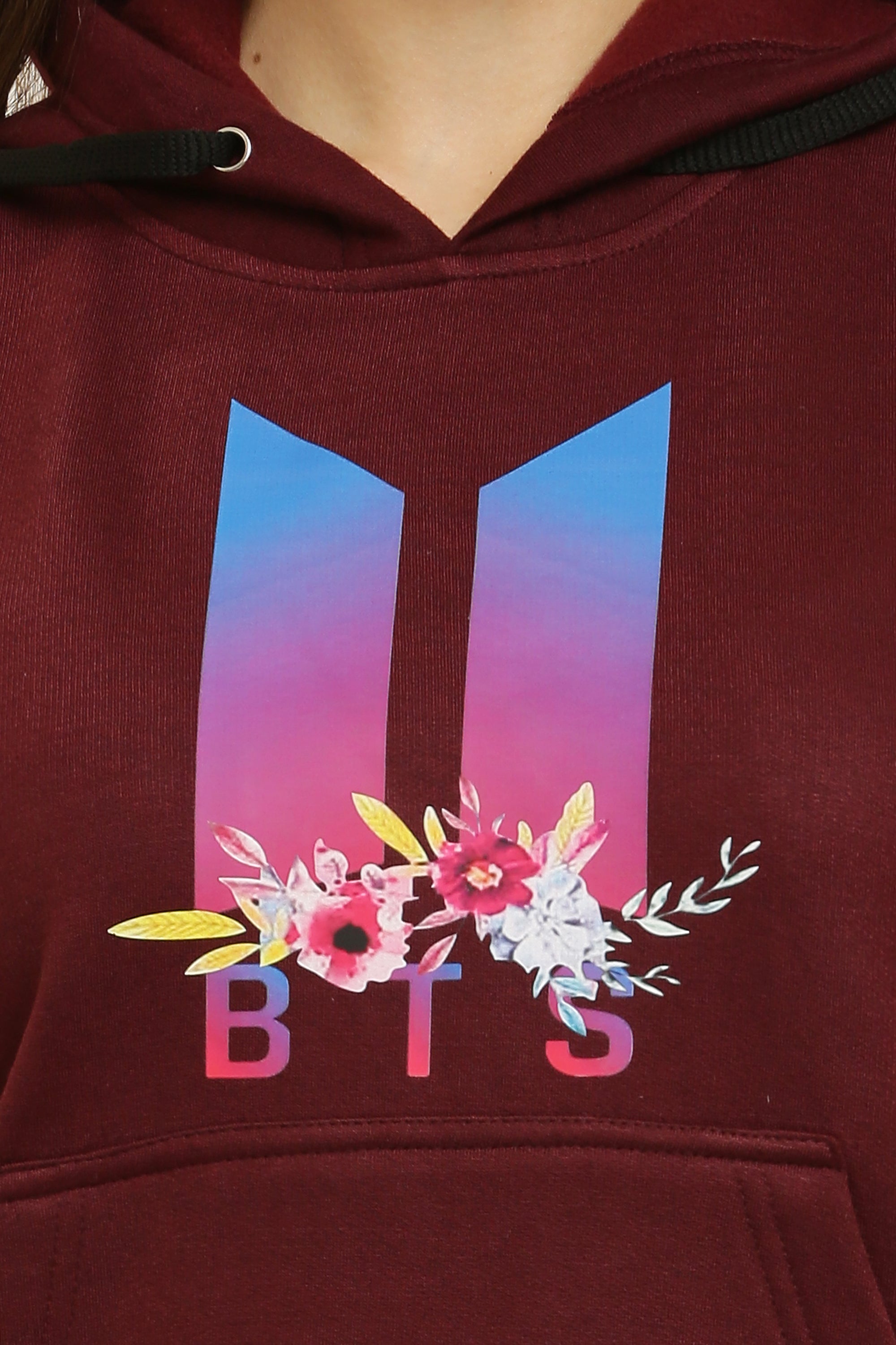 PAVONINE Maroon Color Bts Flower-Design Pullover Hoodie Sweatshirt For Girls