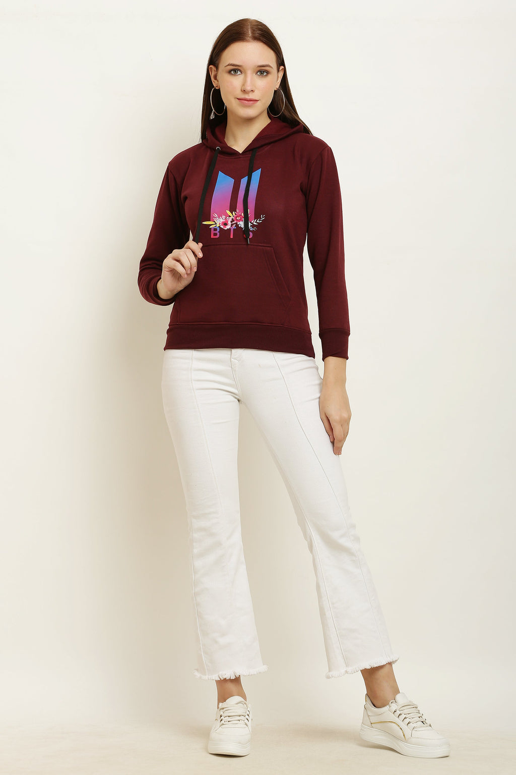 PAVONINE Maroon Color Bts Flower-Design Pullover Hoodie Sweatshirt For Girls