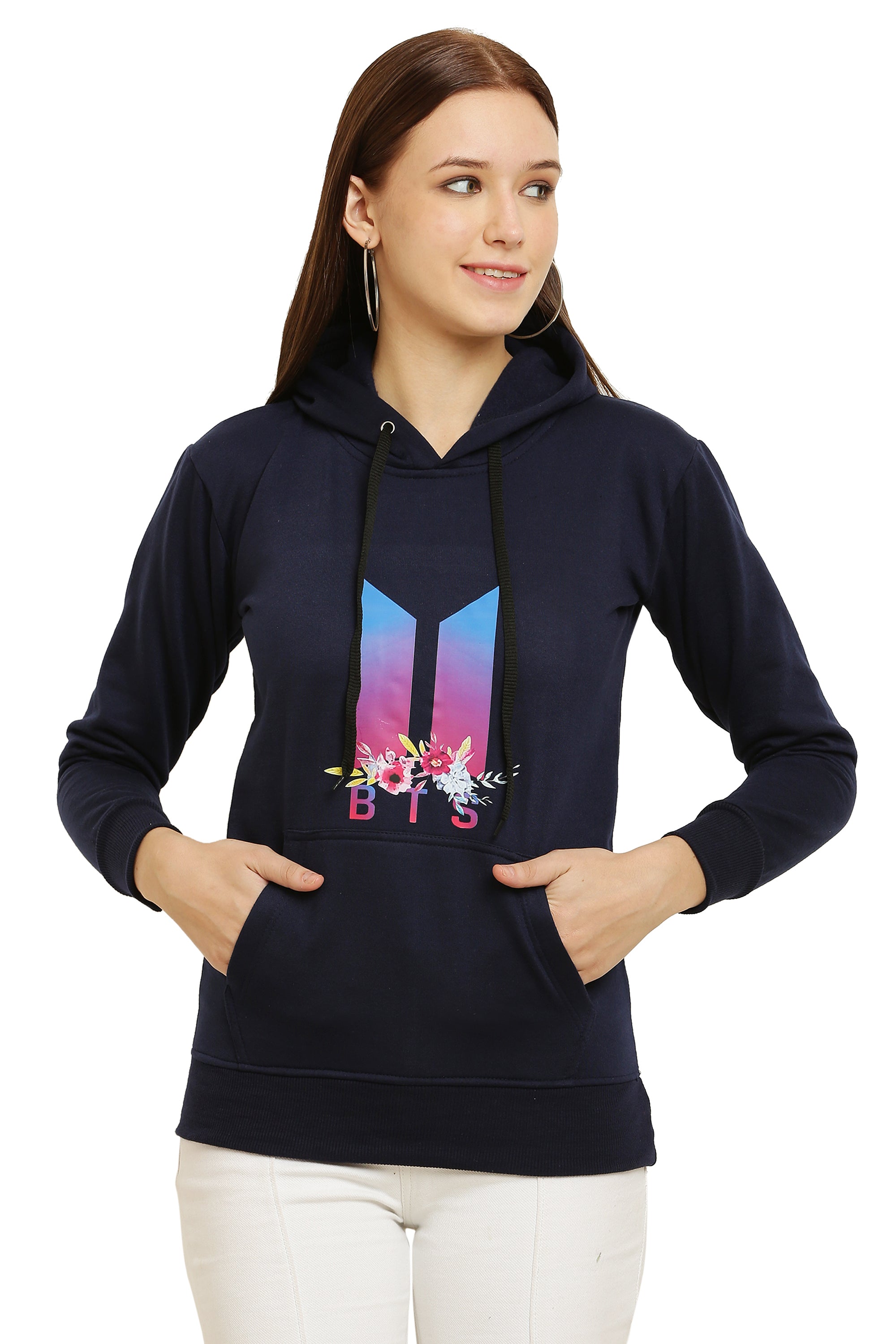 PAVONINE Navy Blue Color Bts Flower-Design Pullover Hoodie Sweatshirt For Girls