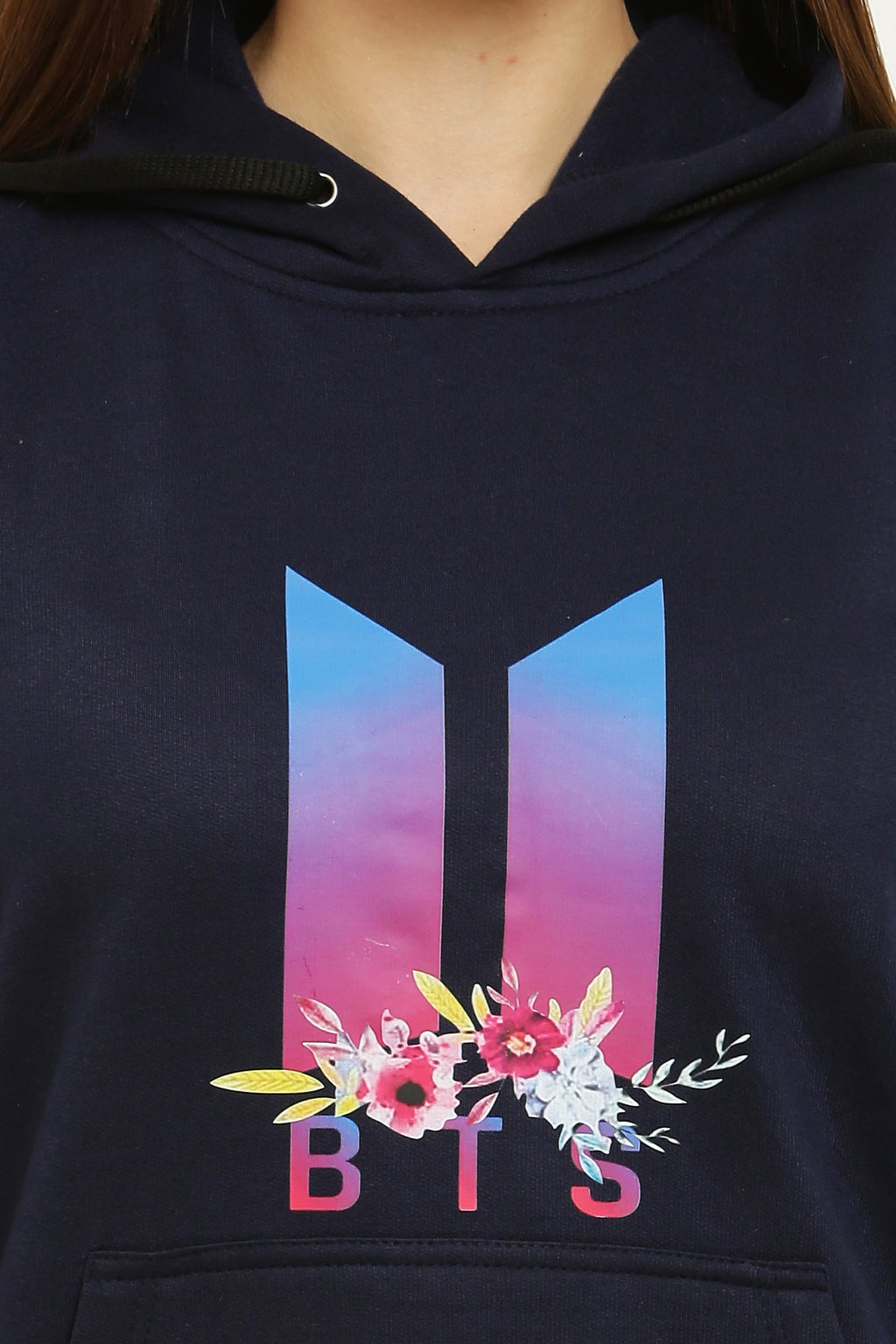 PAVONINE Navy Blue Color Bts Flower-Design Pullover Hoodie Sweatshirt For Girls