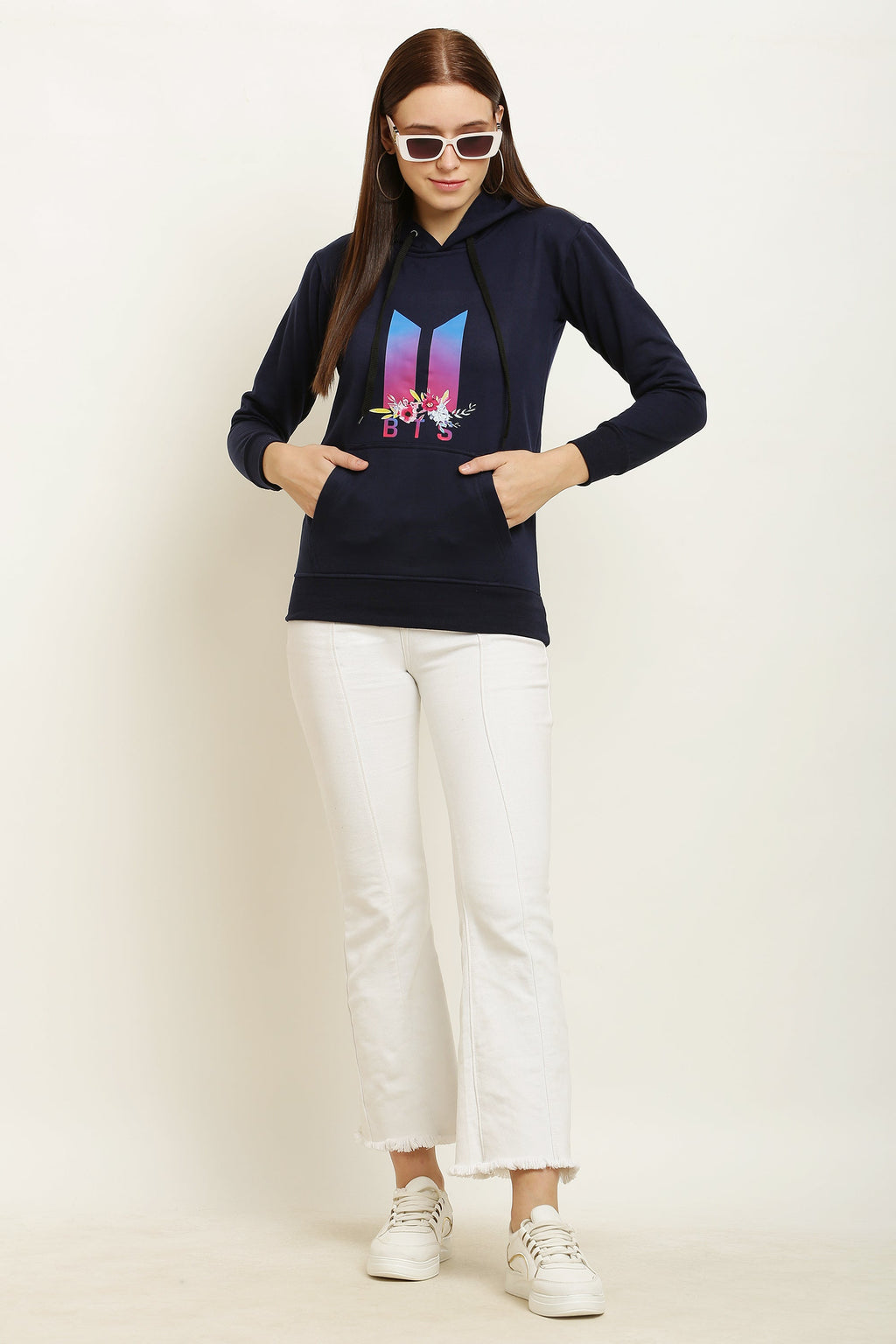 PAVONINE Navy Blue Color Bts Flower-Design Pullover Hoodie Sweatshirt For Girls