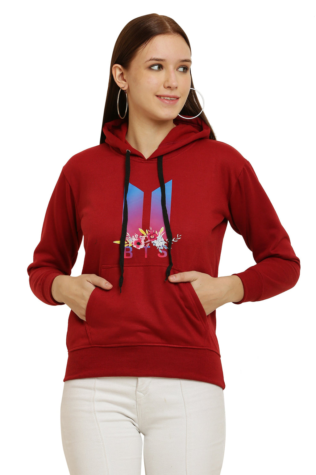 PAVONINE Red Color Bts Flower-Design Pullover Hoodie Sweatshirt For Girls