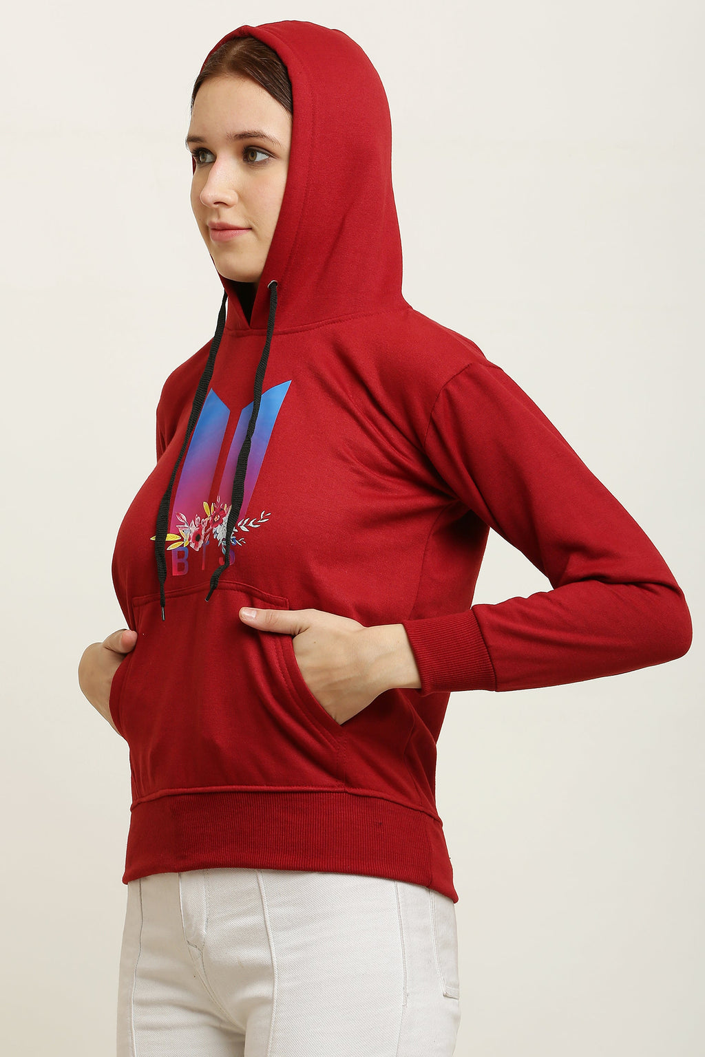 PAVONINE Red Color Bts Flower-Design Pullover Hoodie Sweatshirt For Girls