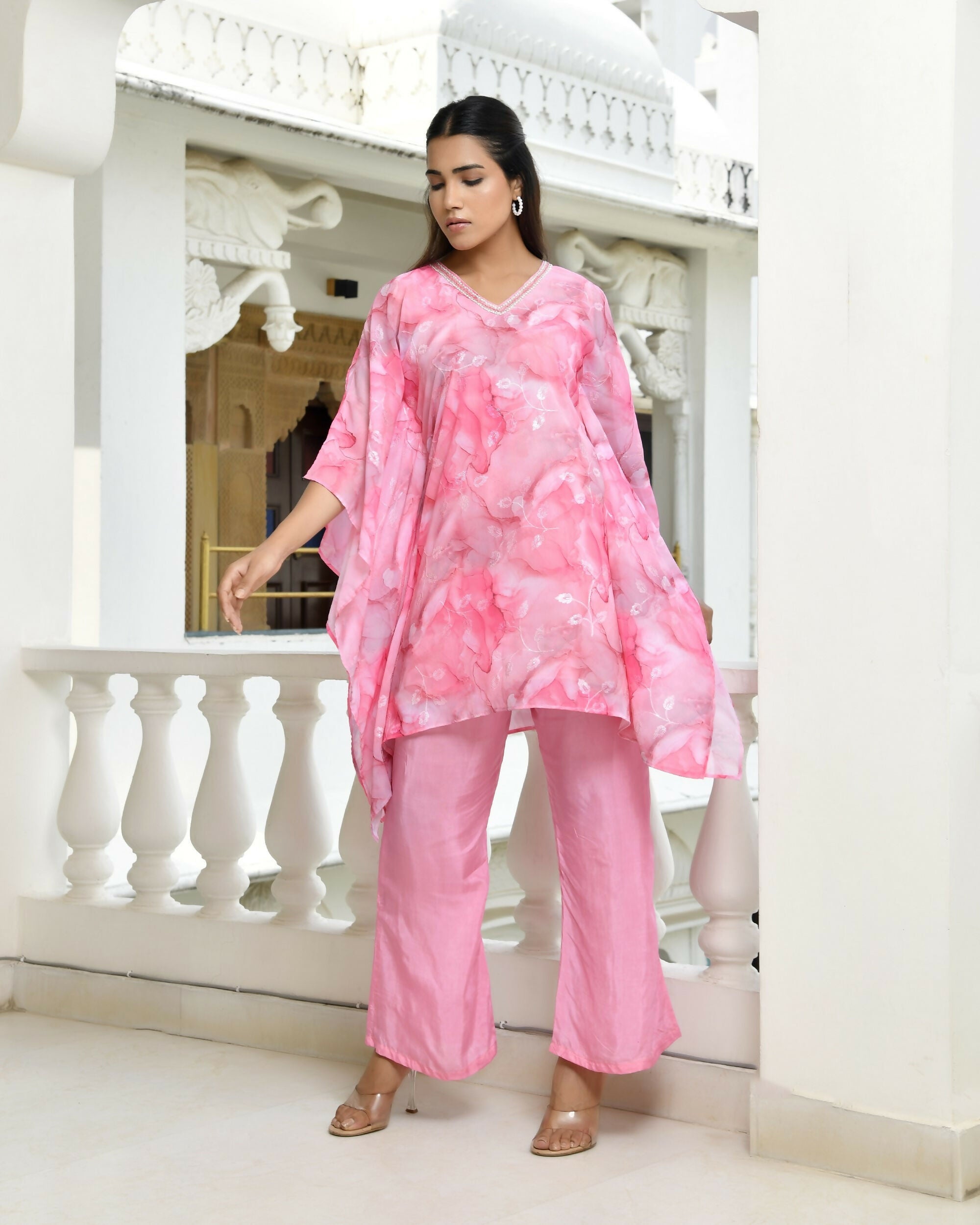 Vaasva Women's Pink Georgette Marble Print Kaftan Pant Set