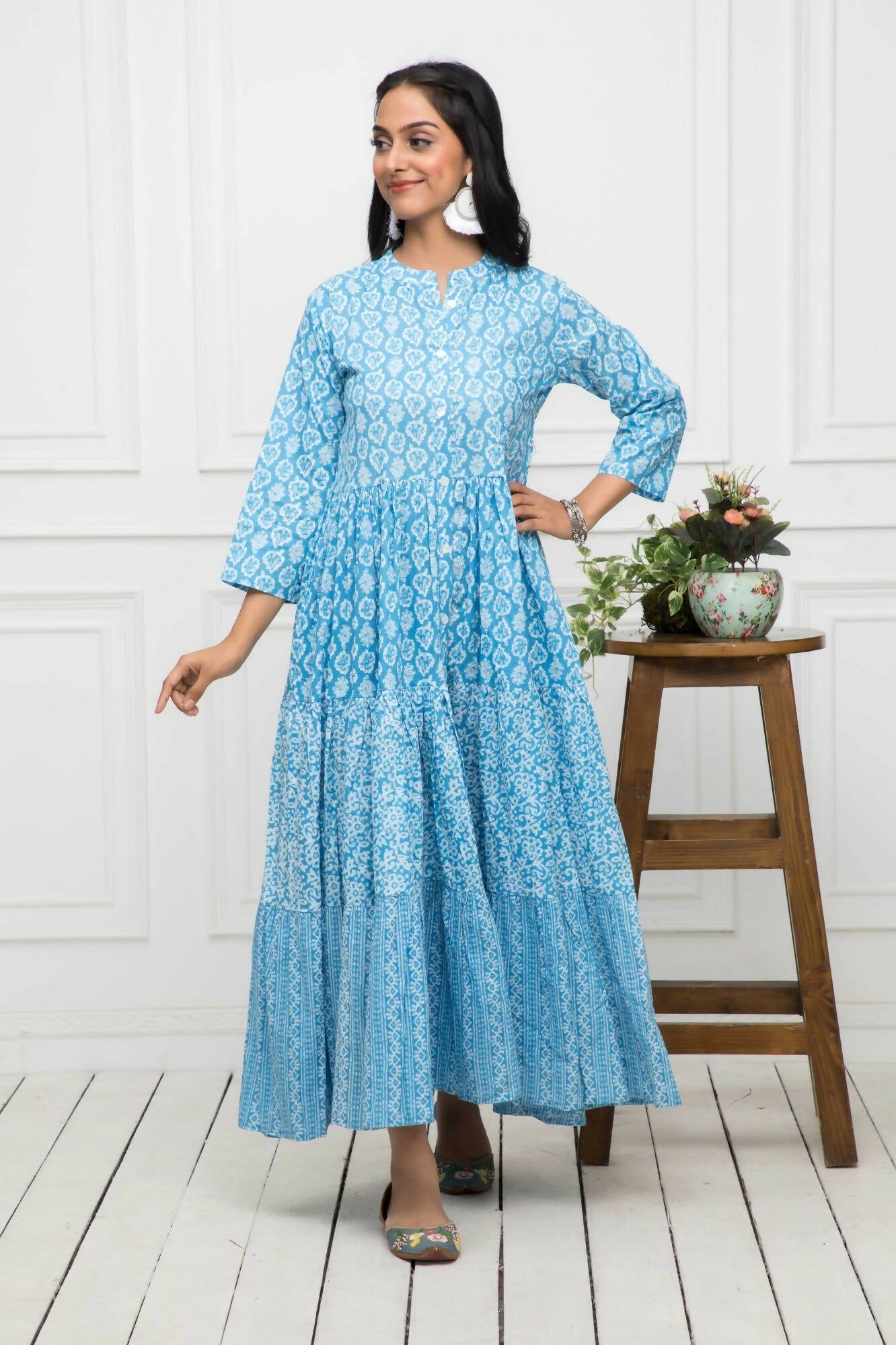 Myshka Women Blue Floral Cotton A-Line Mandarin Collar Long Dress