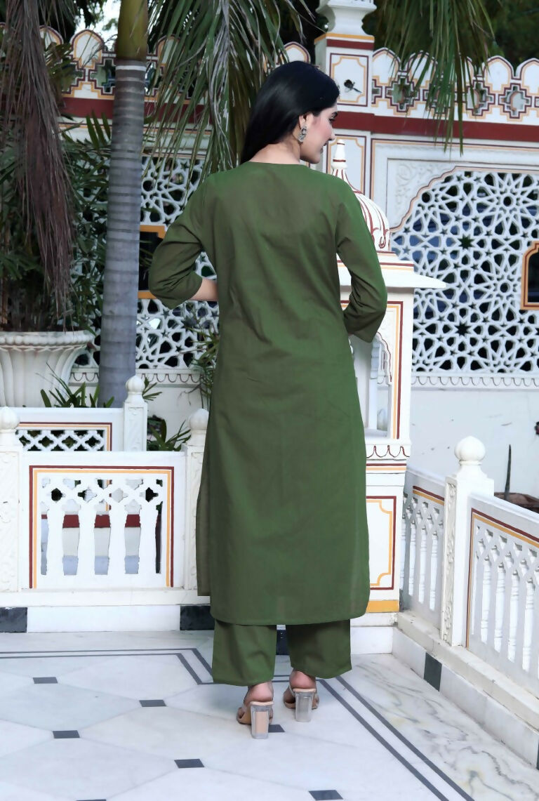 Miravan Women's Mehandi Pintucks Floral Pattern Cotton Straight Kurta with Palazzo And Floral Dupatta Set