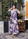 Miravan Women's Purple Pleated Puff Sleeve Floral Pure Cotton Butterfly Middi Dress