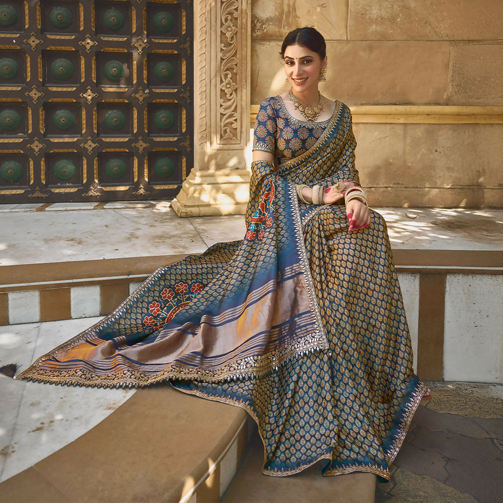 Navy Blue Gajji Silk Gota With Handwork Saree With Unstitched Blouse - Norita Gajri
