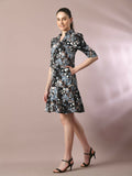 Myshka Women's Black Printed Shirt Collar Fit and Flare Party Dress