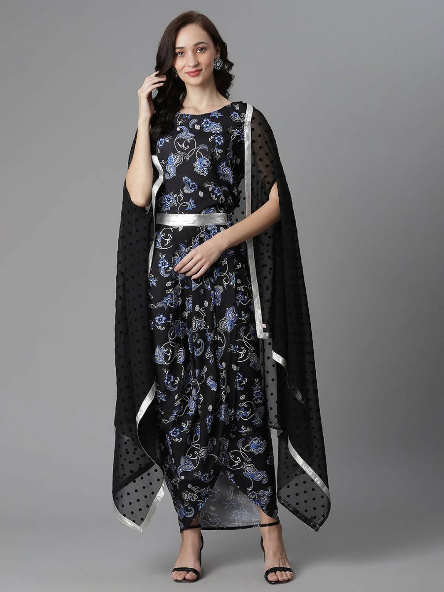 Ahalyaa Women's Black Color Crepe Digital Print Top Skirt With Shrug