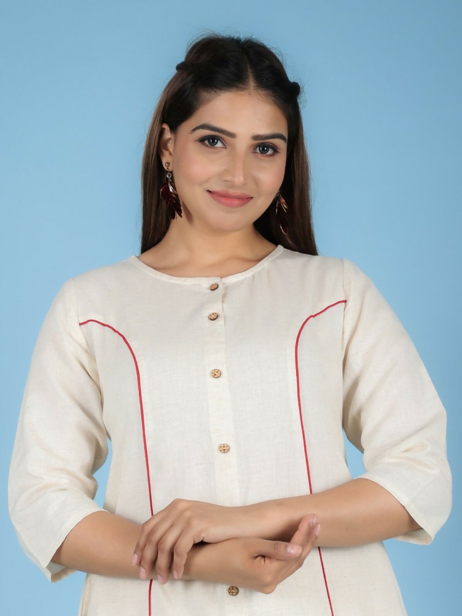 Aramya Cream Linen Cotton Solid A-line Kurta for Women