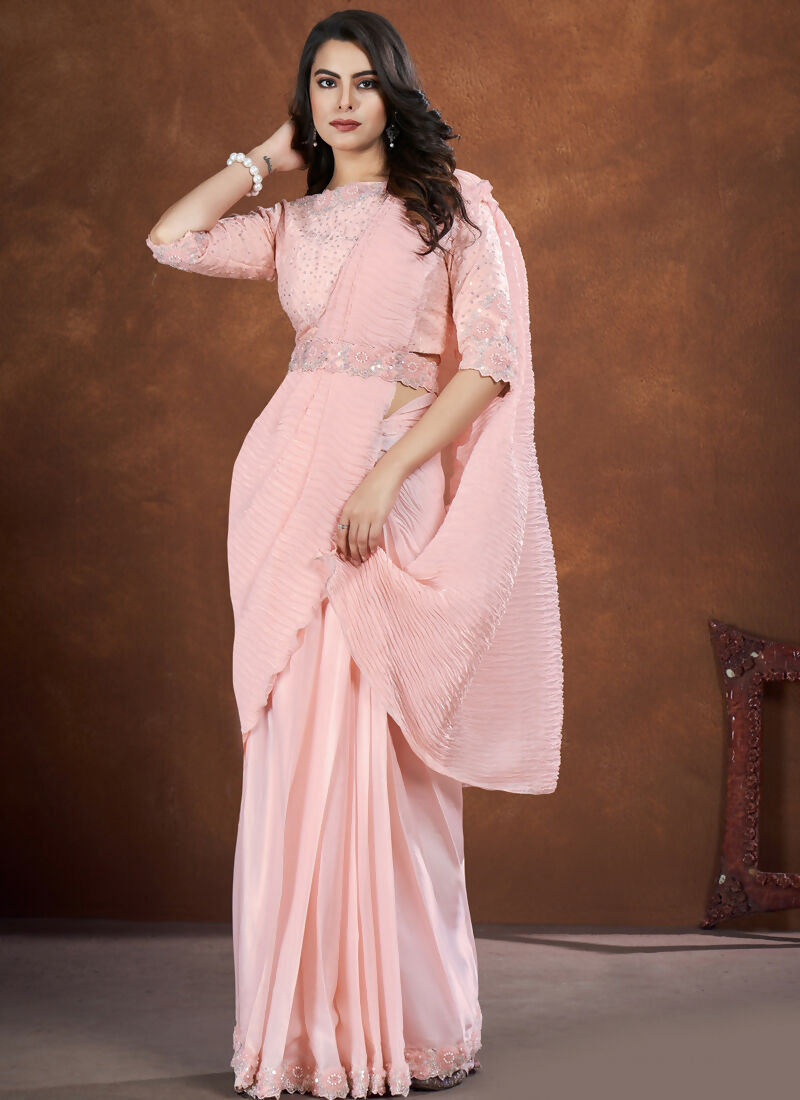 Light Peach Crepe Satin Silk Embroidered Saree with stitched Blouse - Mohmanthan Saha Saki