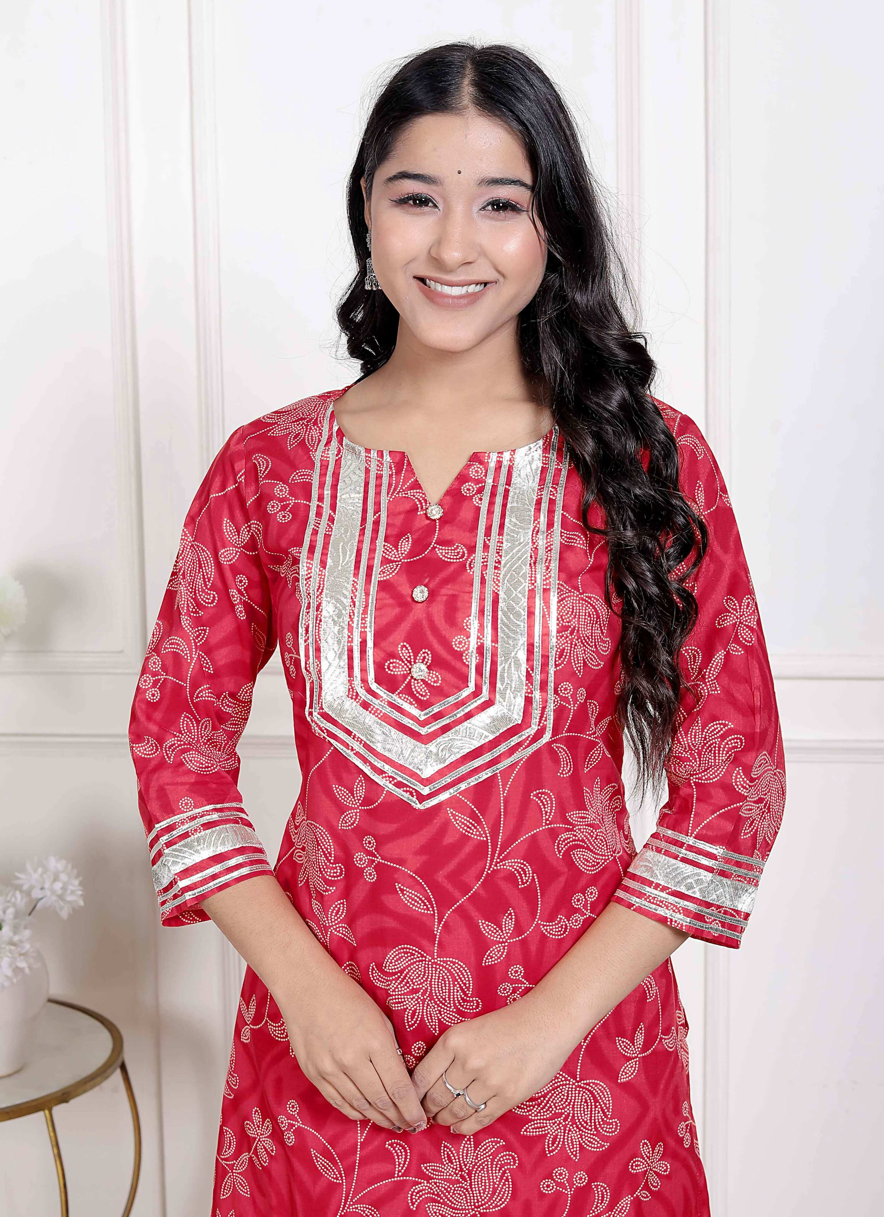 Miravan Women's Red Cotton Gota Work Kurta with Palazzo