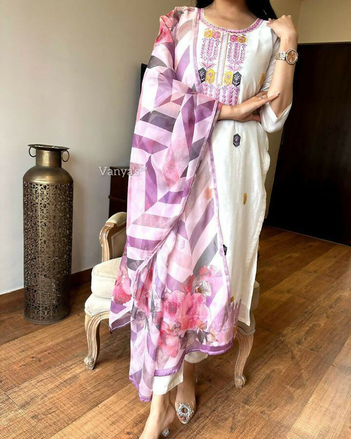 The52 Off White Women's Gorgeous Embroidered Viscose Chanderi Fabric Straight Kurta Pant with Dupatta Set