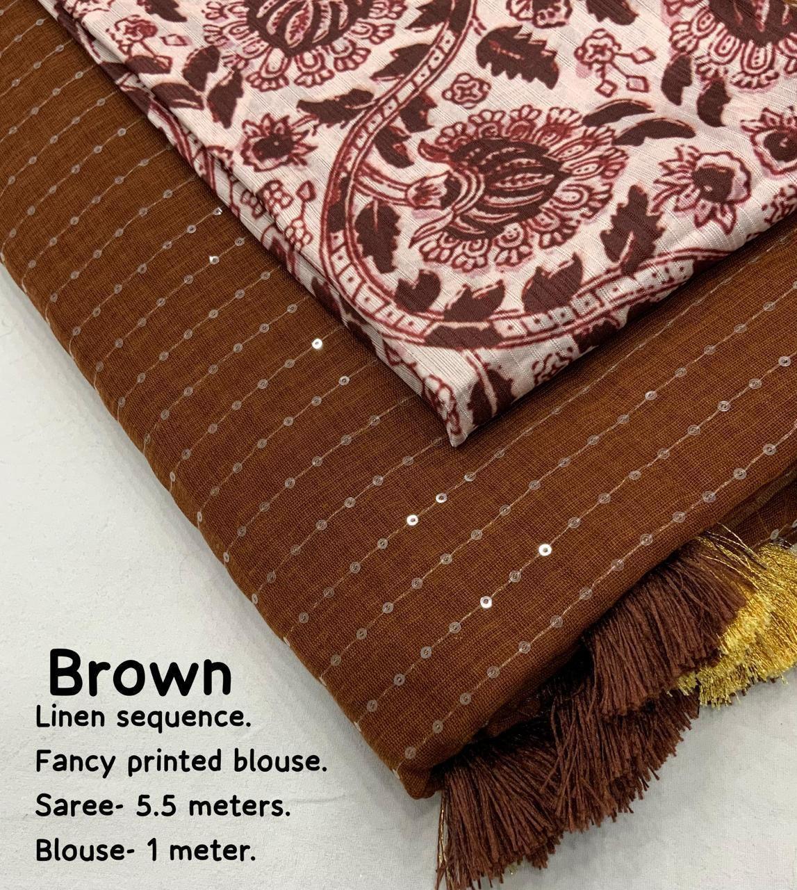 Brown Linen Sequence Saree with Unstitched Blouse - Hiral Fashion