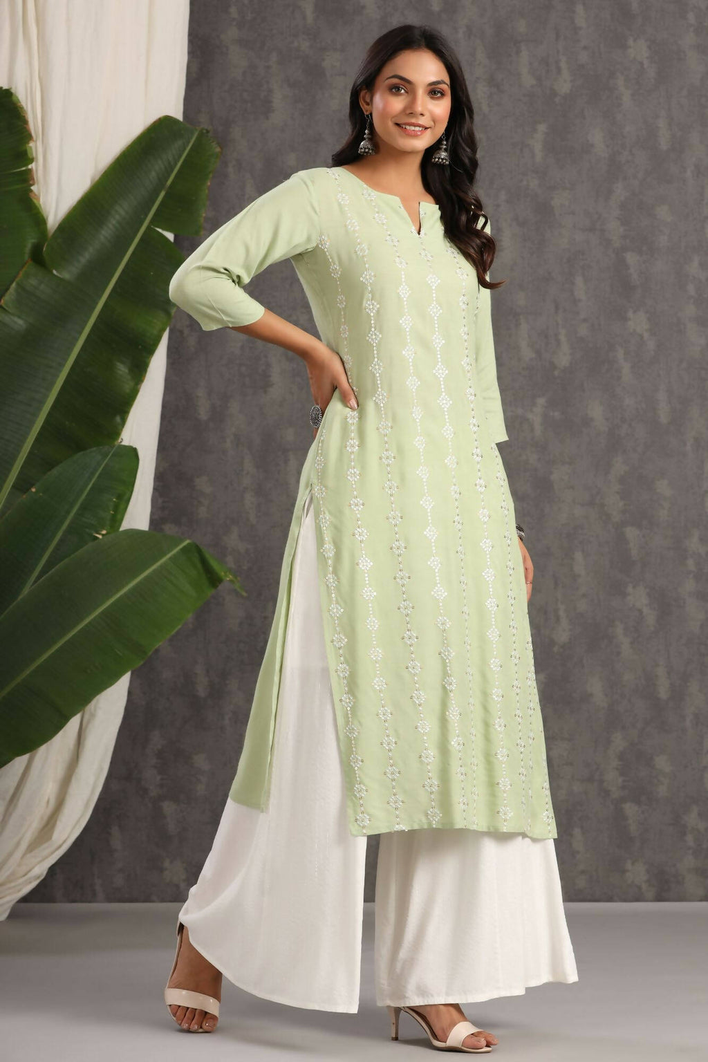 Juniper Women Lightolive Rayon Embroidered A-Line Dress