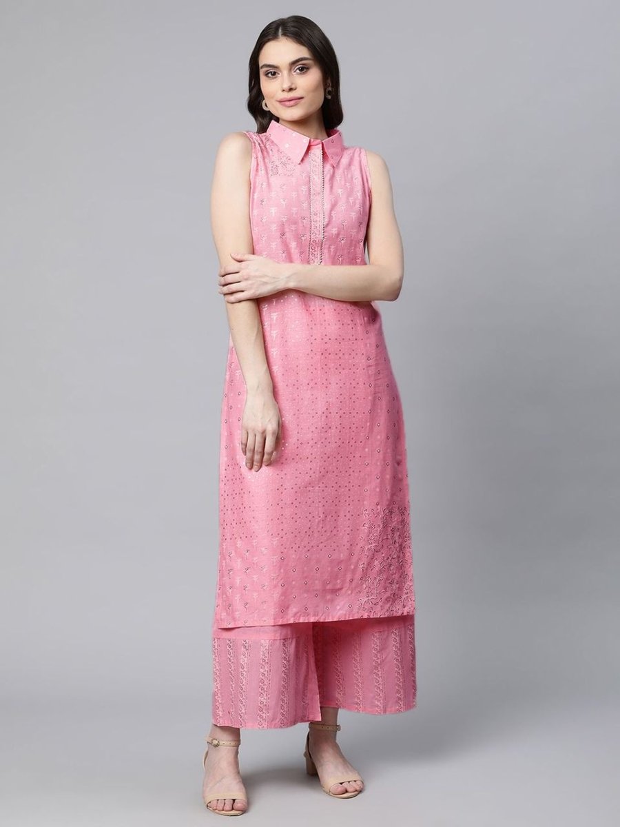 Ahalyaa Women Light Pink Colour Pure Cotton Printed Kurta Palazzo Set