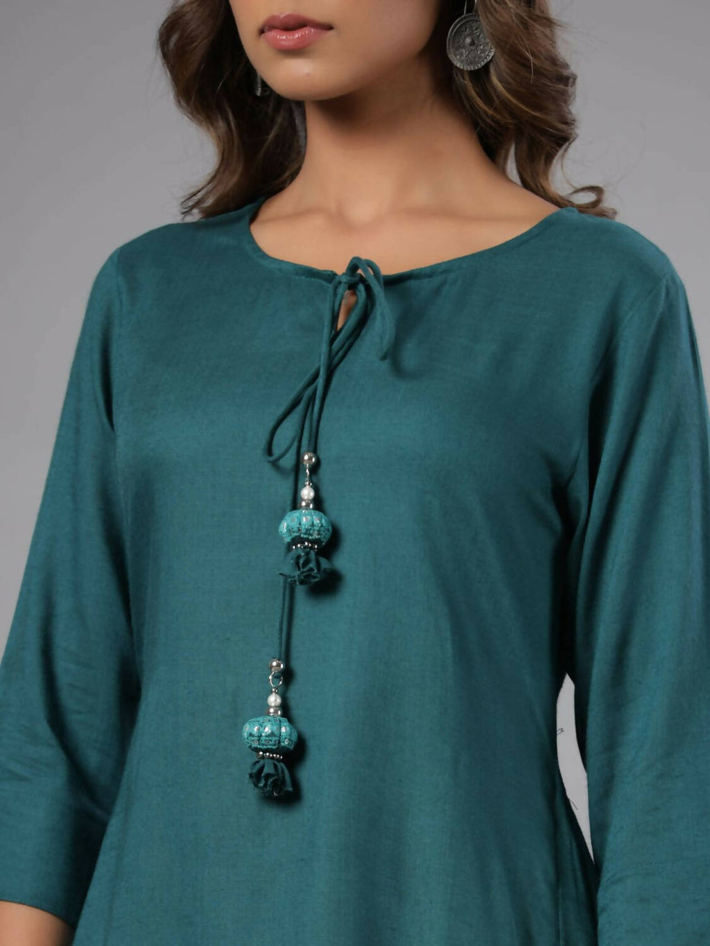 Juniper Women Teal Rayon Solid Asymmetric Kurta