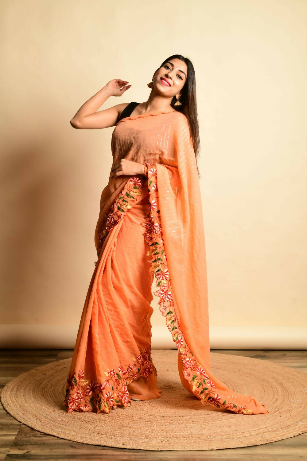 Vamsee Orange Georgette Designer Saree