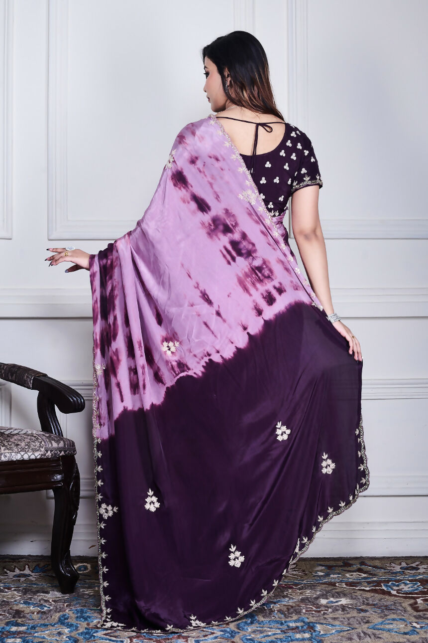 Morchari Wine Crepe Hand Embroidery Saree And Stitched Blouse