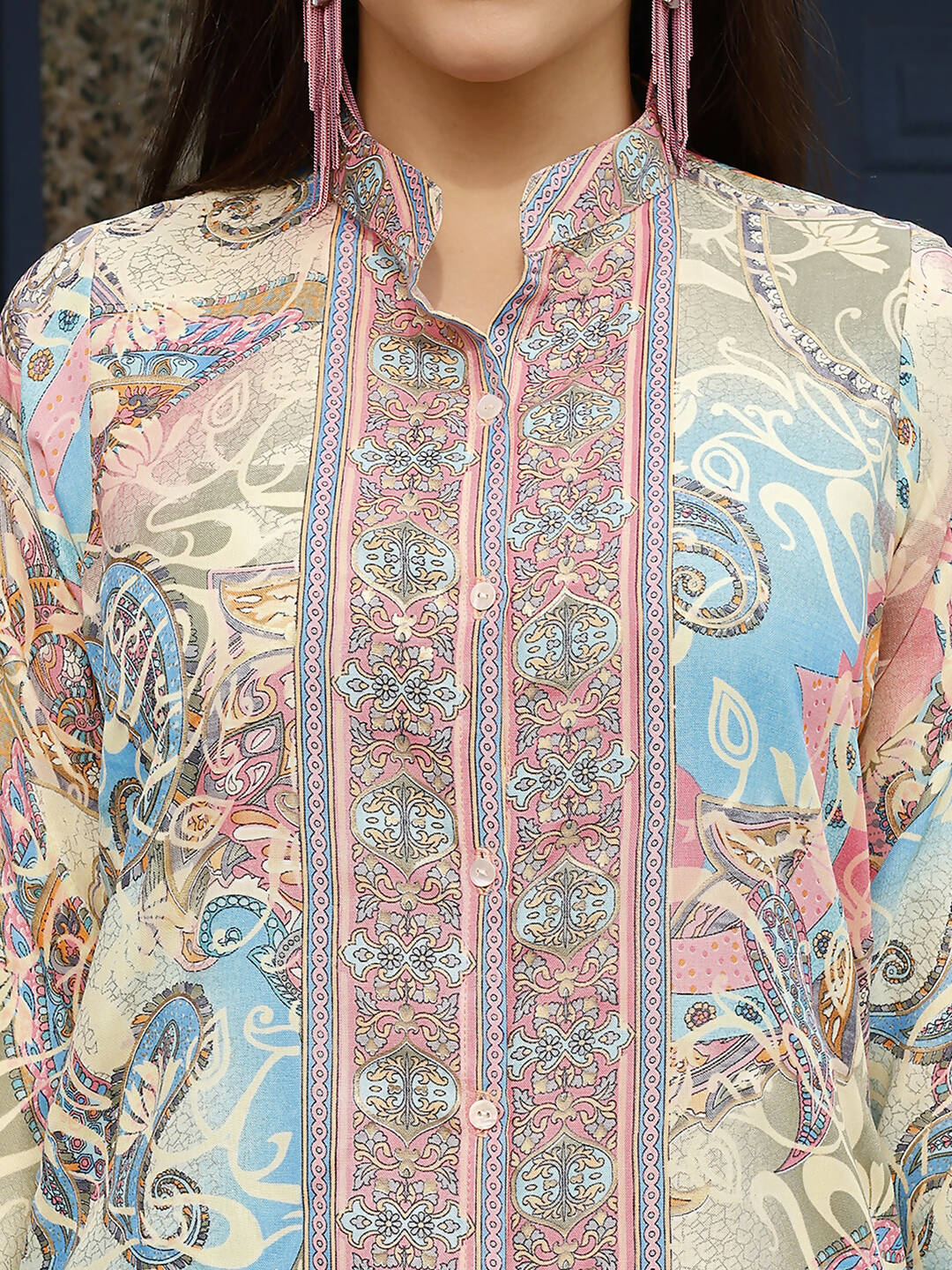 Beige & Pink Rayon Paisley Printed Top with Matching Bottom - Eesha