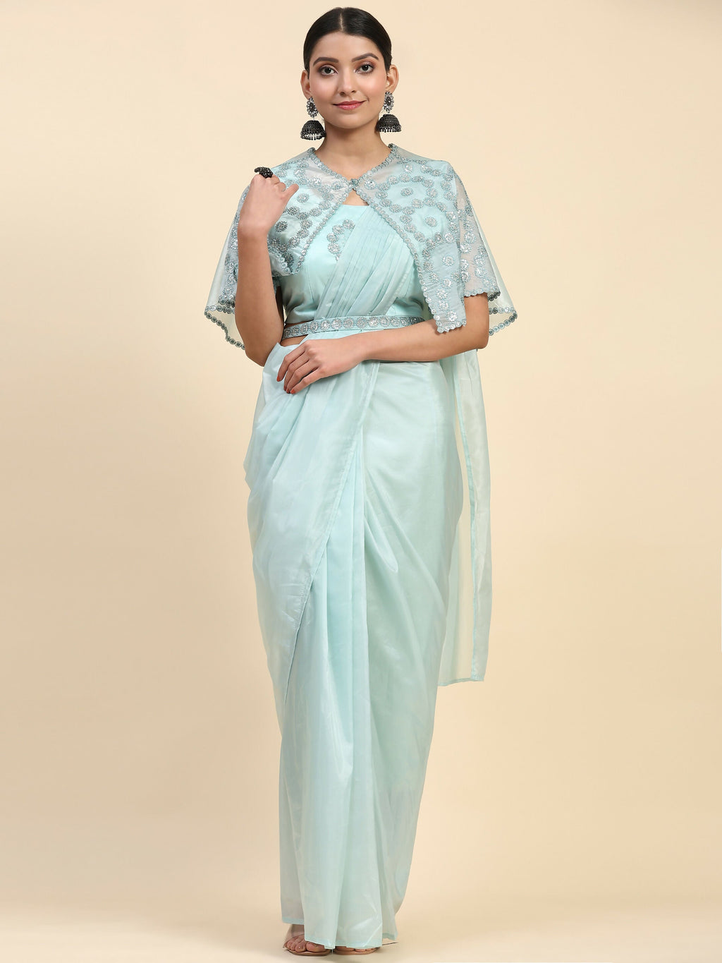 Blue Satin Solid Ready to wear Saree with stitched Blouse - Vanita