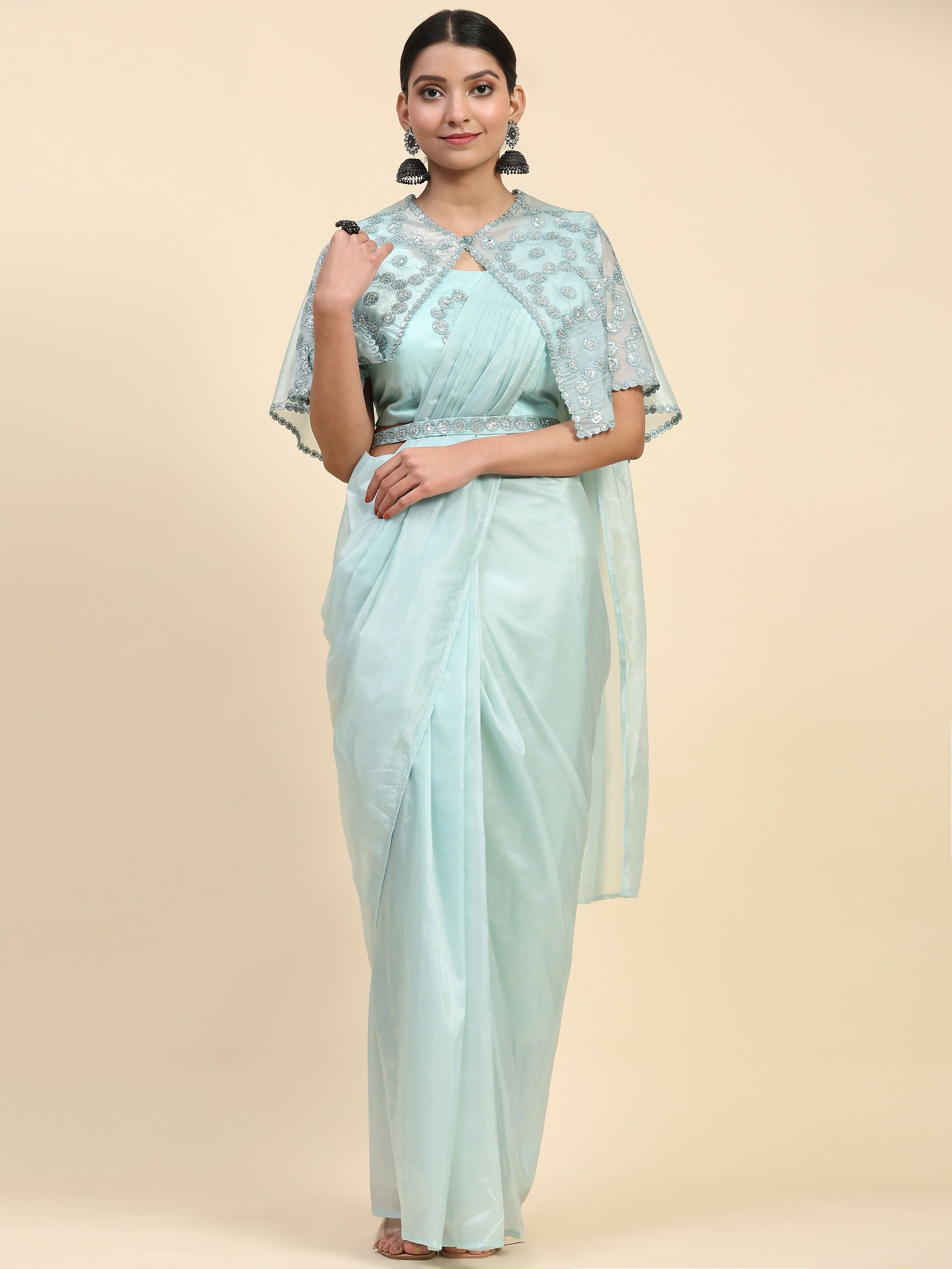 Blue Satin Solid Ready to wear Saree with stitched Blouse - Vanita