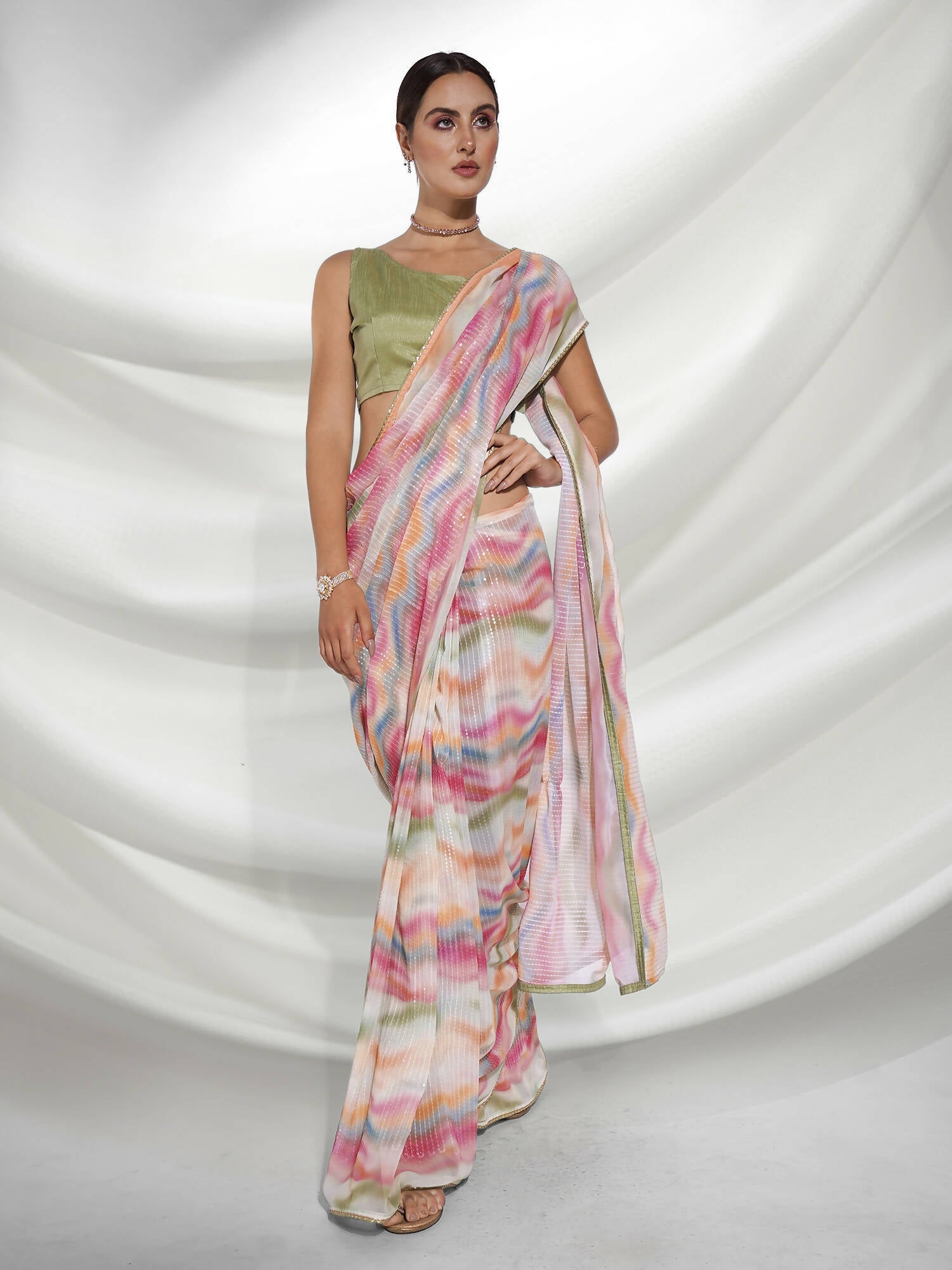 Pink Georgette Sequence Embroidery Saree With Unstitched Blouse Piece - Rajal