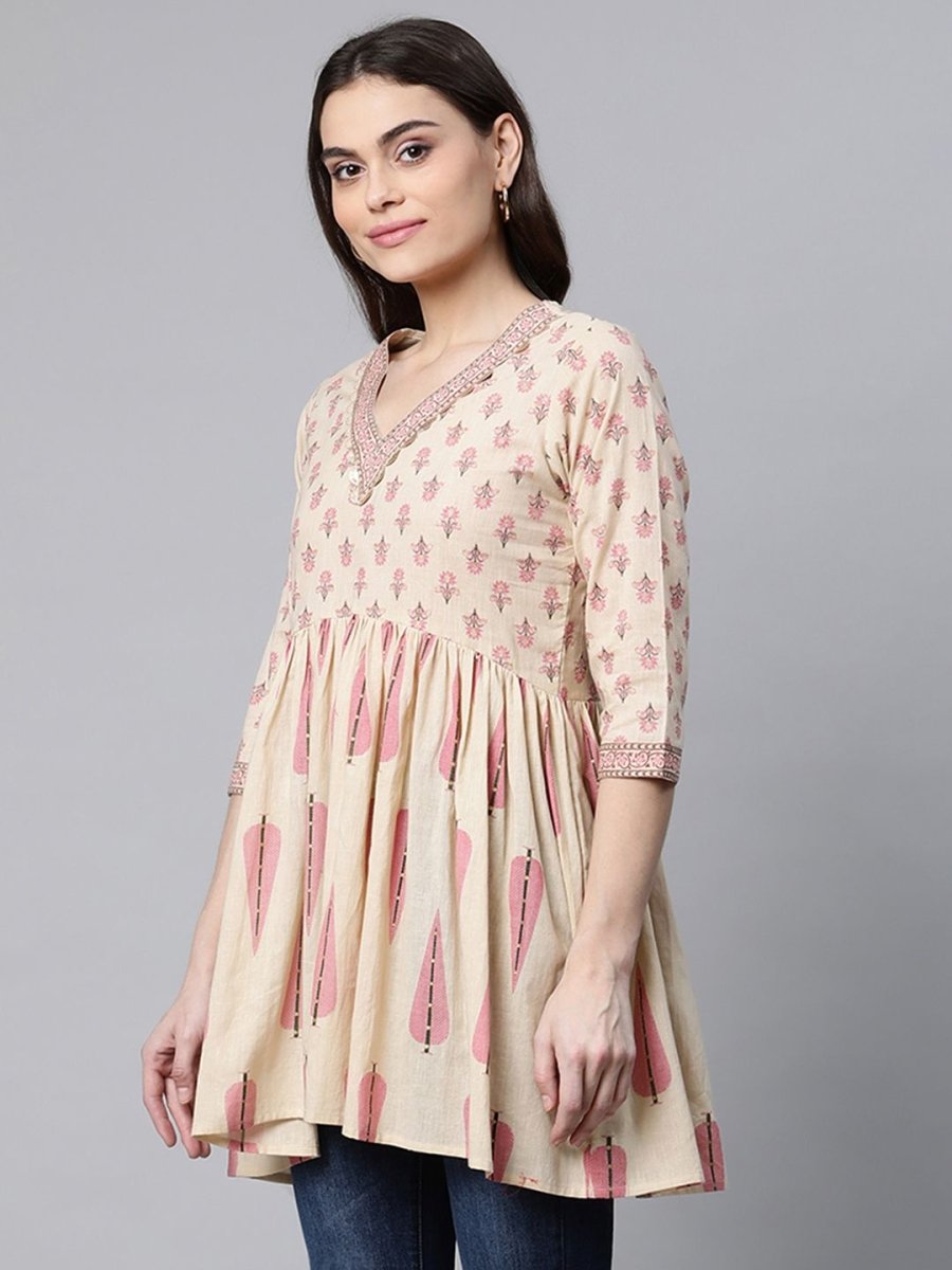 Ahalyaa Women Beige Pure Cotton Printed Tunic