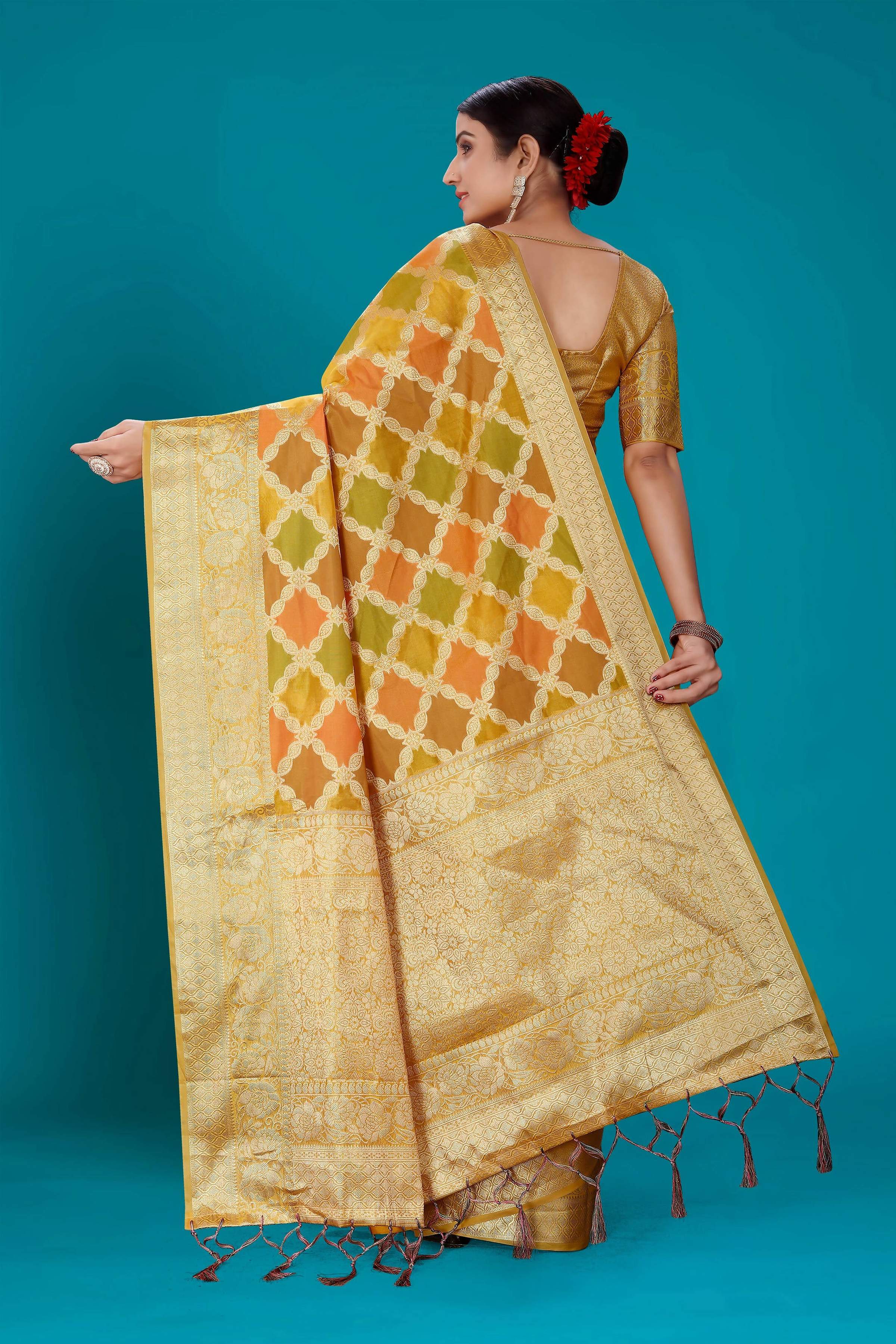 Mustard Soft Organza Woven Design Saree with Unstitched Blouse Piece - Zaara