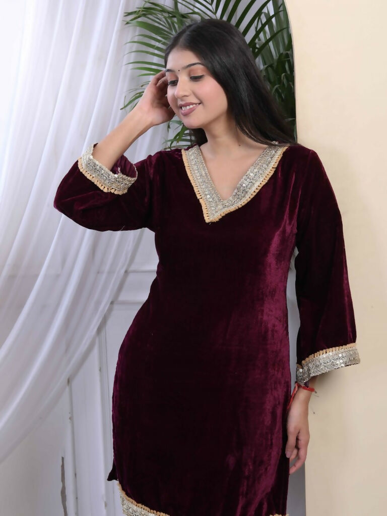 Miravan Women's Wine Embroidered Velvet Co-ord Set
