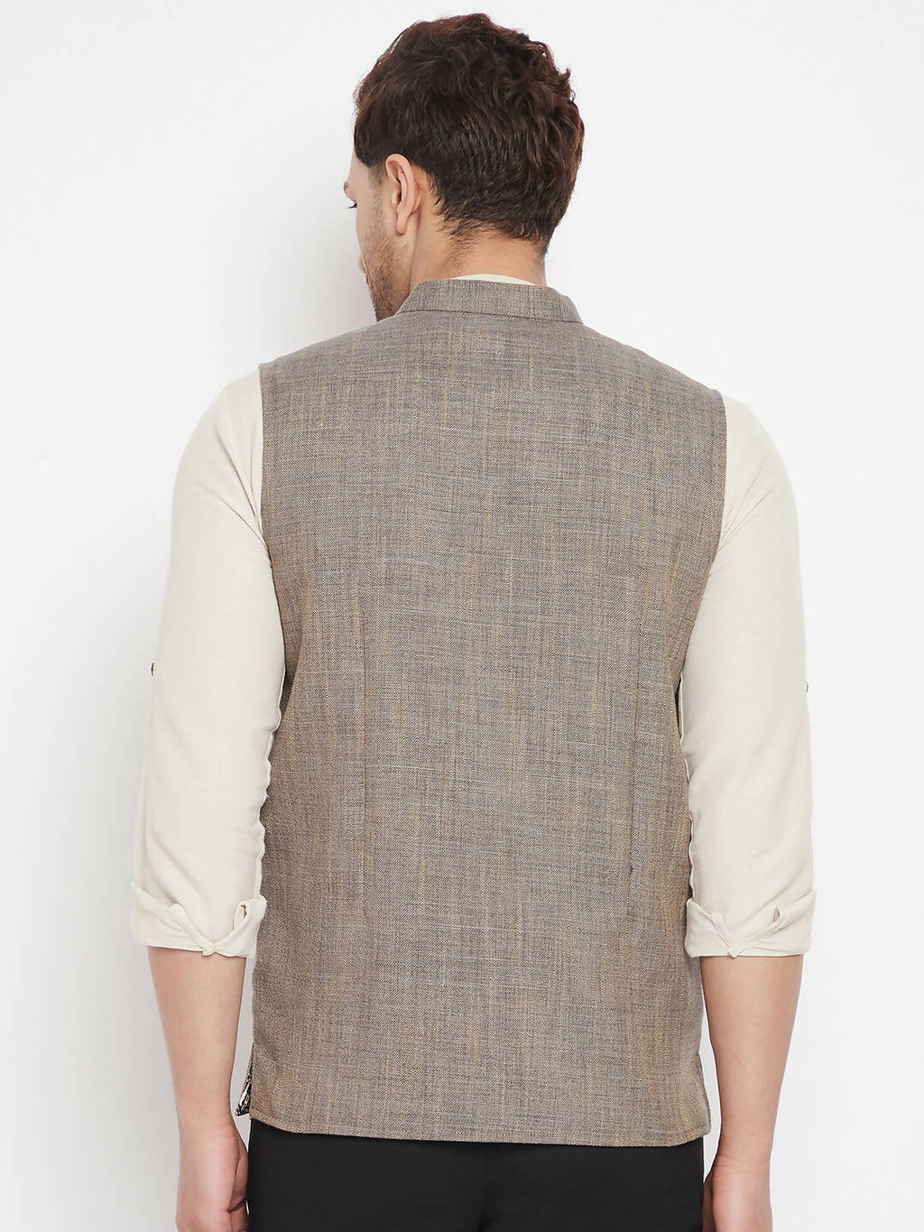 Even Apparels Brown Linen Men Woven Nehru Jacket