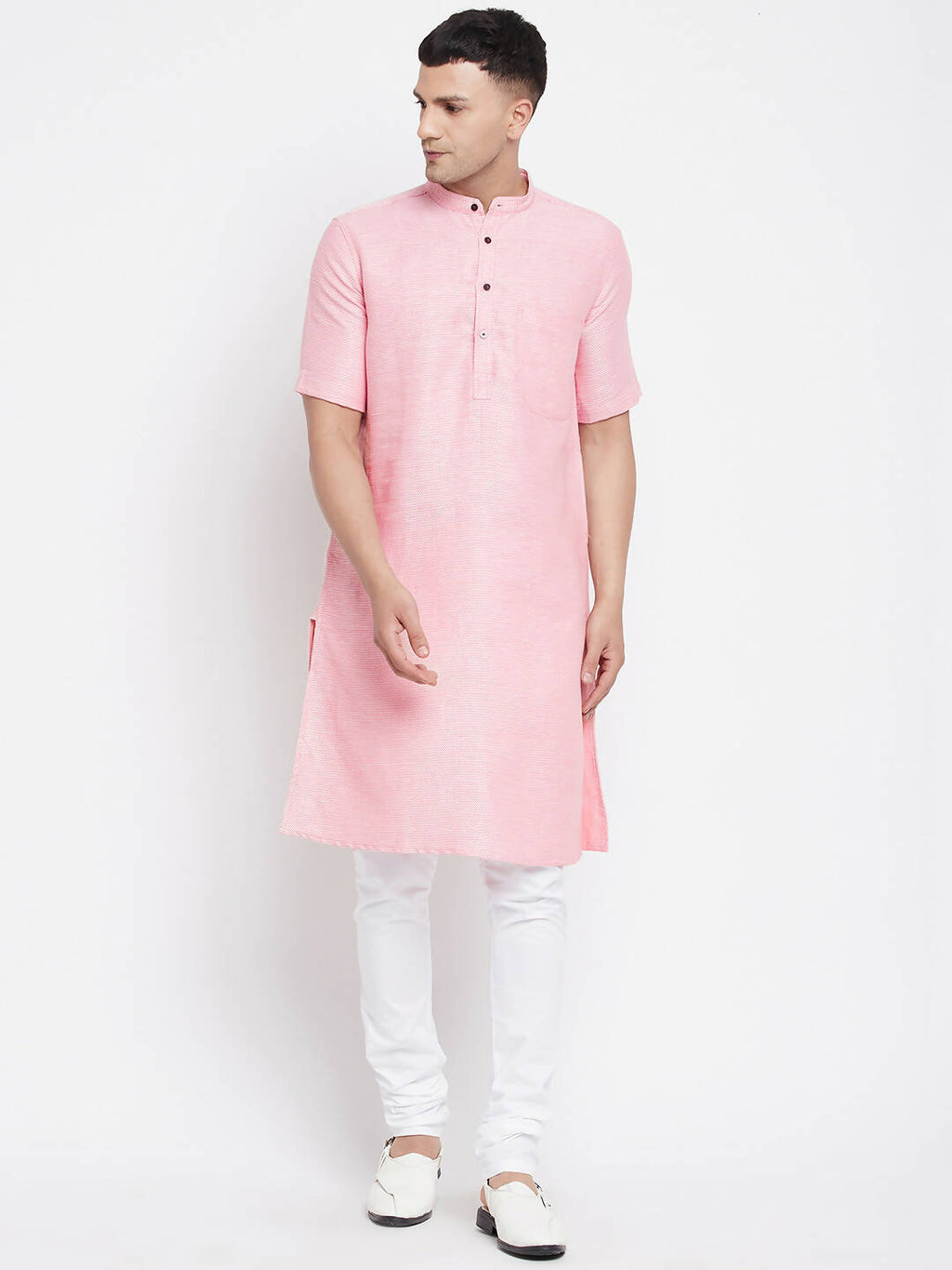 Even Apparels Pink Pure Cotton Men's H/S Kurta With Band Collar