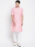 Even Apparels Pink Pure Cotton Men's H/S Kurta With Band Collar