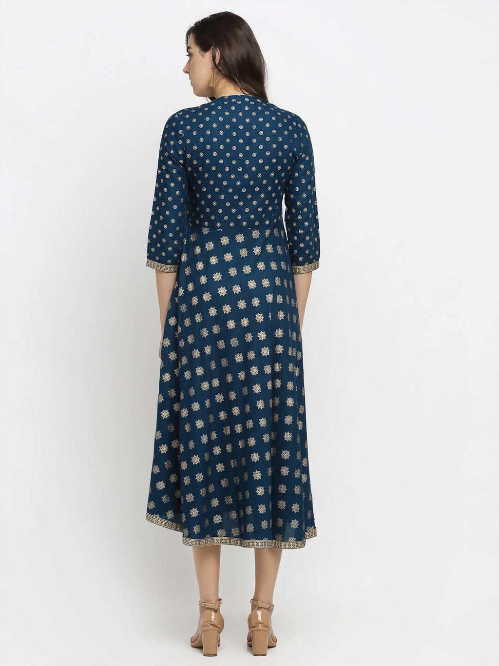 Rudra Bazaar A-Line Gold Floral Printed Turquoise Blue Kurti
