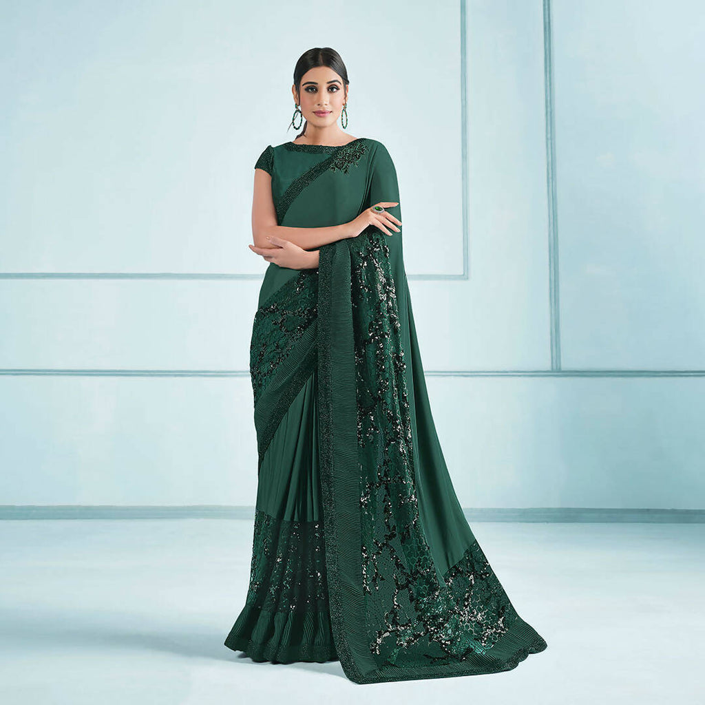 Green Lycra sequence Saree with Unstitched Blouse Piece - Norita Elaura