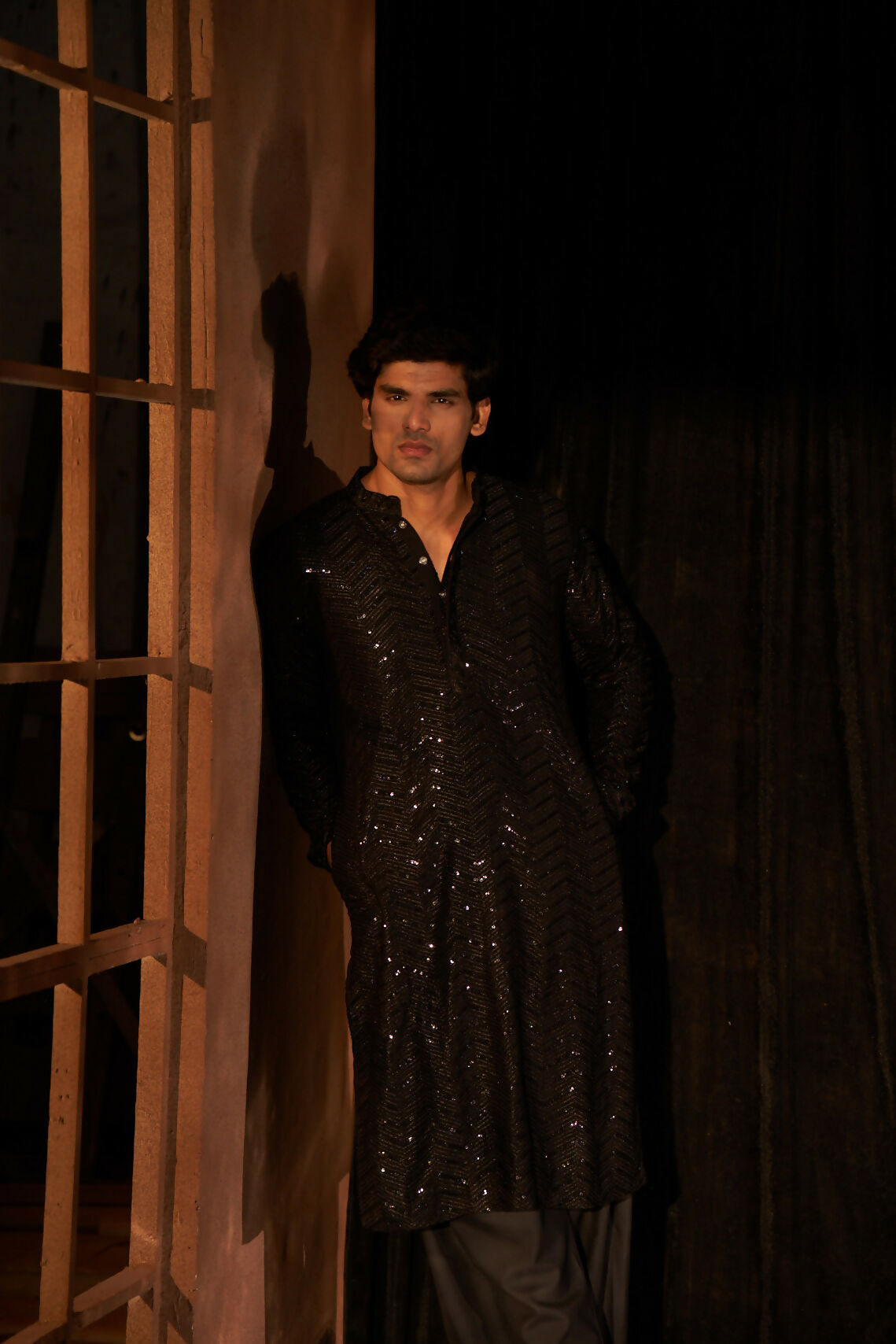 Black Cotton Embroidery Work Men's Kurta Set - Mahotsav