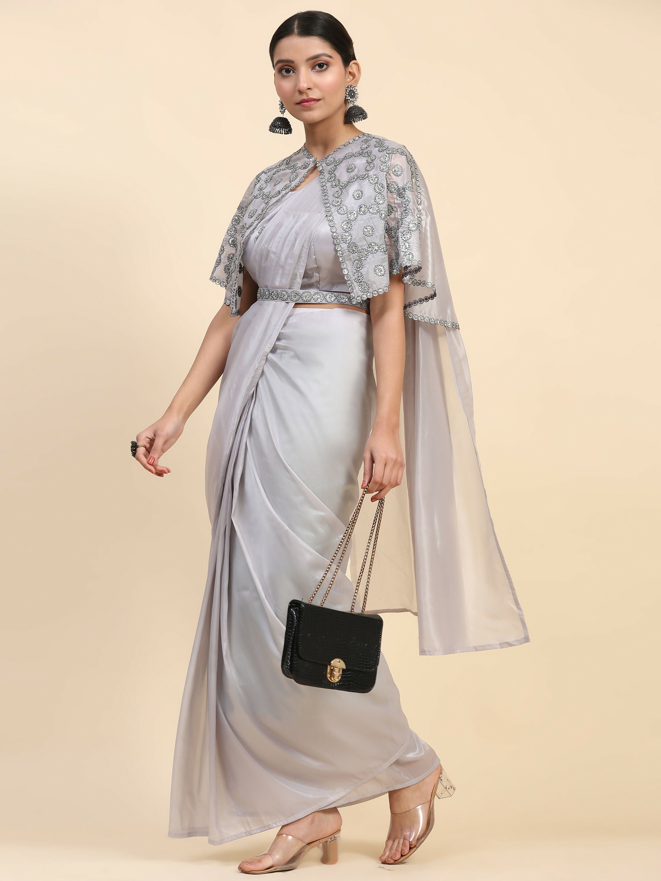 Grey Satin Solid Ready to wear Saree with stitched Blouse - Vanita