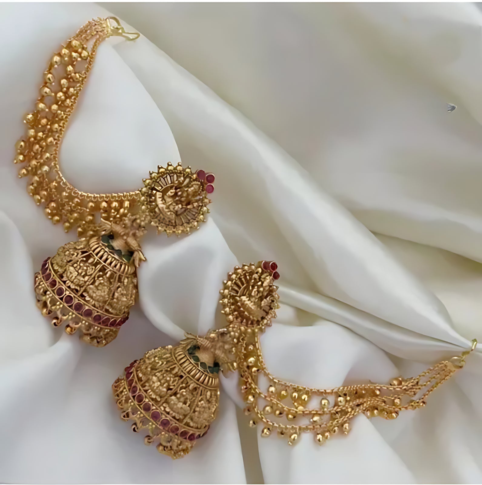 Jewel City Antique Gold Temple Jhumka Earrings - Traditional South Indian Wedding Jewelry Set with Ear Chain