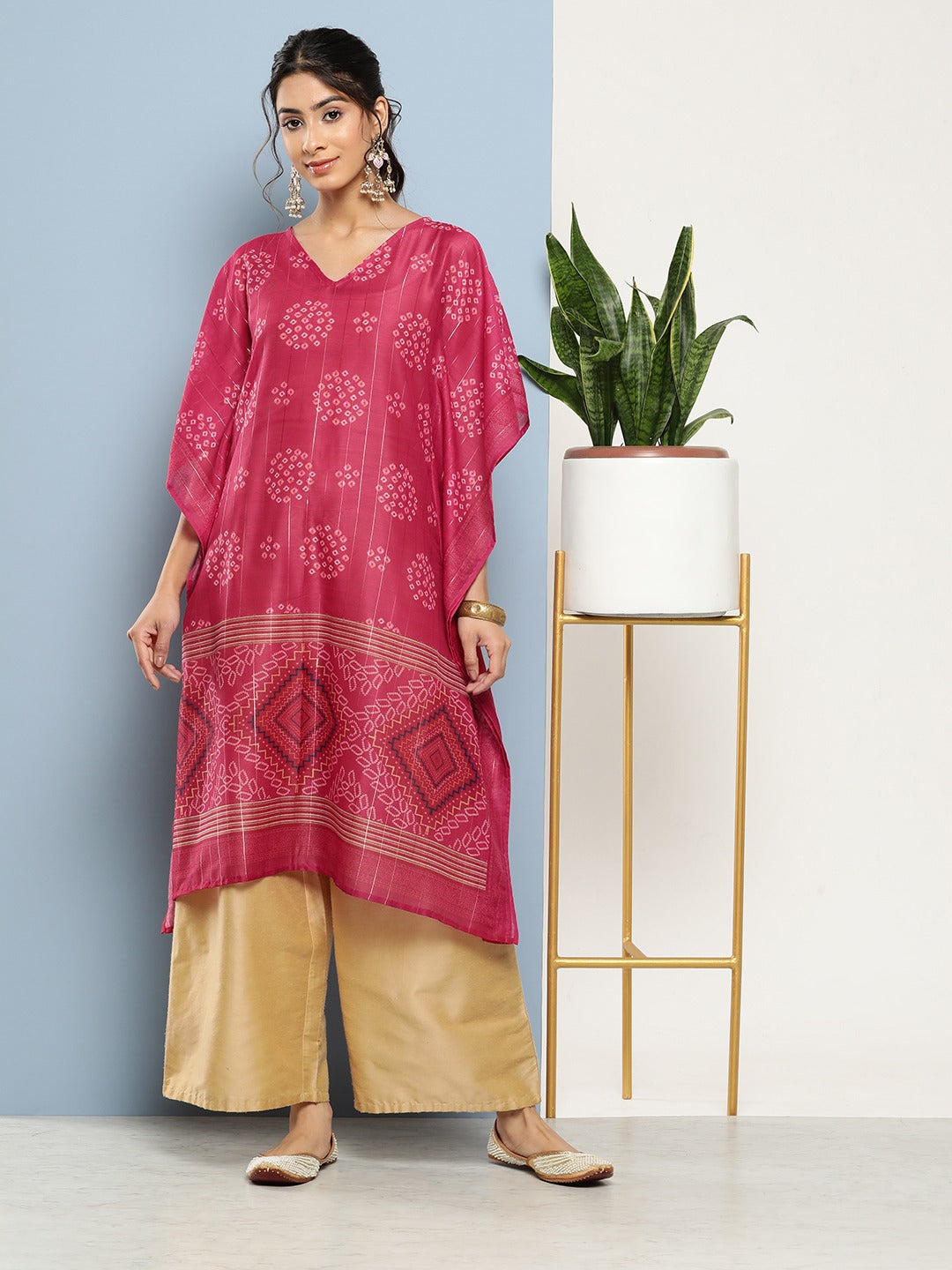 Yufta Bandhani Pink Printed Kaftan Kurta