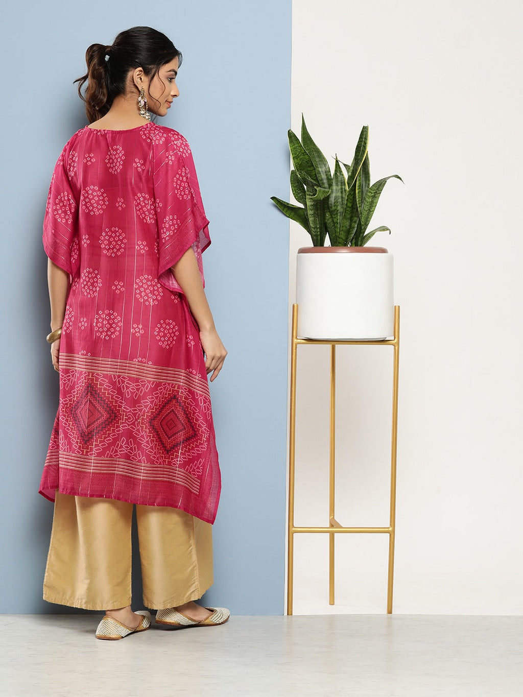 Yufta Bandhani Pink Printed Kaftan Kurta