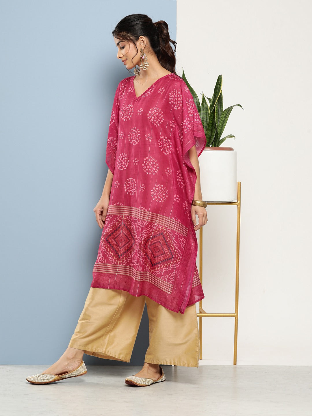 Yufta Bandhani Pink Printed Kaftan Kurta