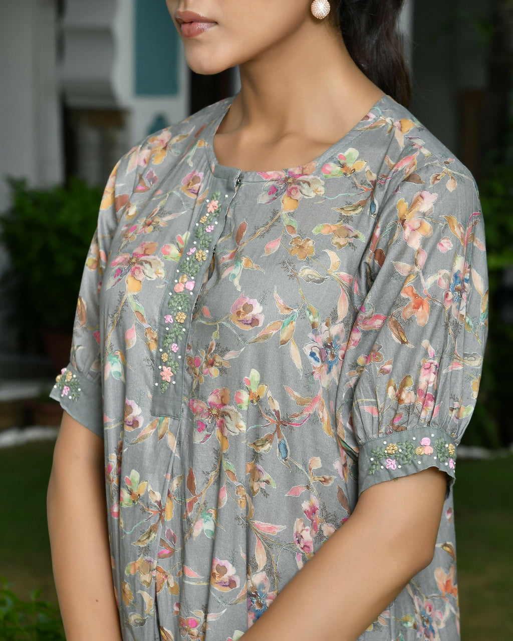 Vaasva Women's Grey Cotton Digital Printed Embroidered Placket Dress