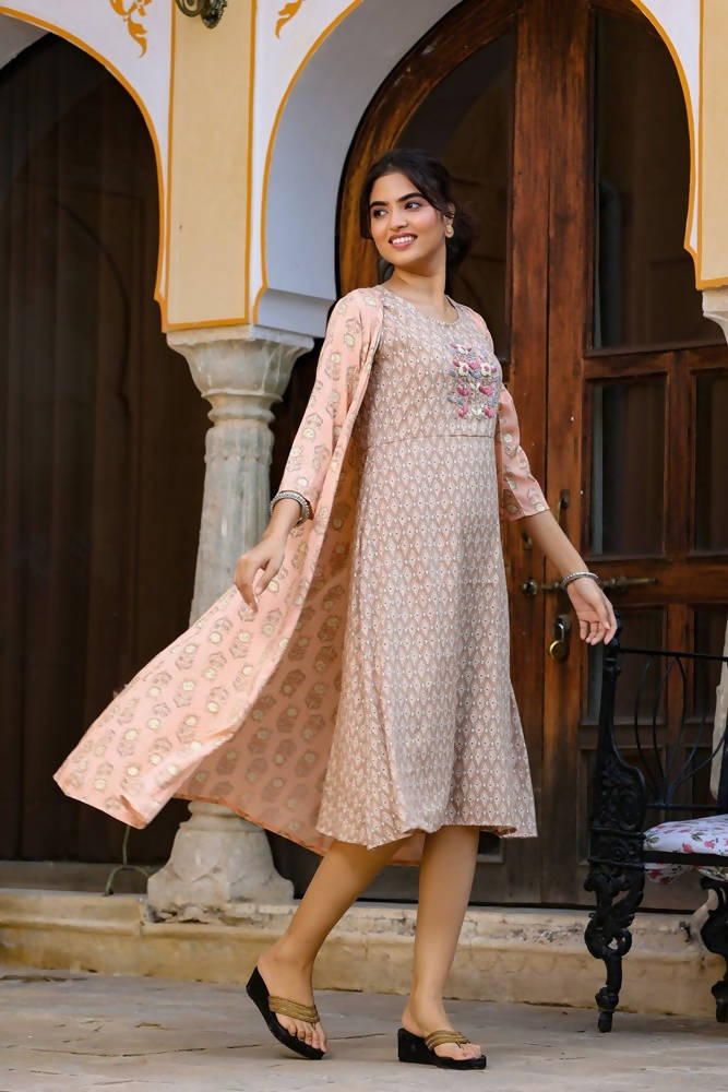 Yufta Orange Printed & Embroidered Dress