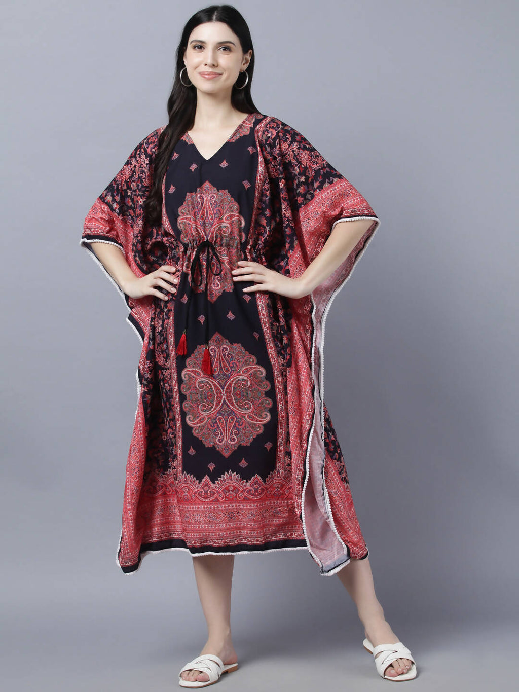 Myshka Peach-Coloured Purple Floral Kaftan Midi Dress