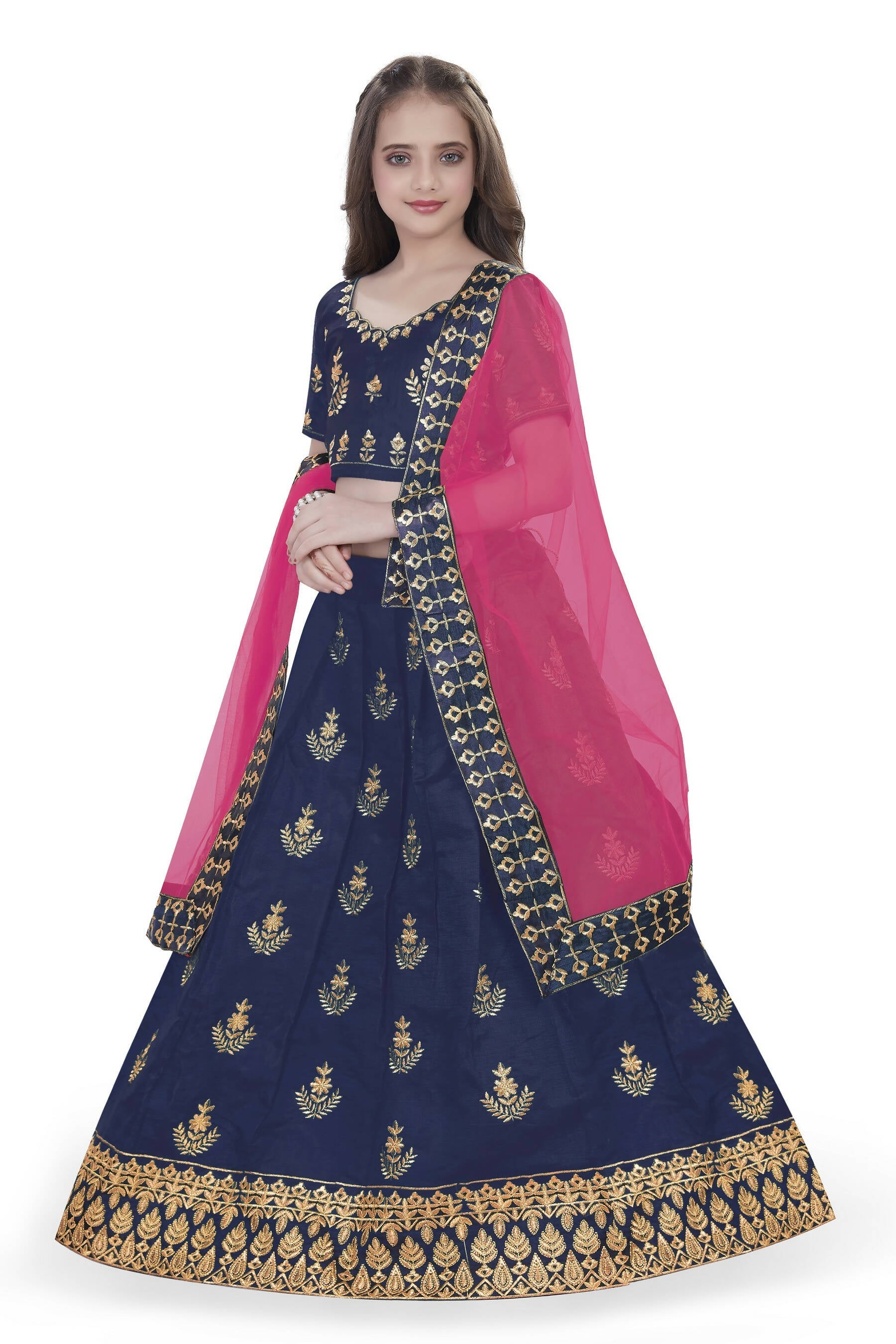 Dwiden Navy Blue Kamal Tafetta Sattin Semi-Stitched Girl's Lehenga Cholin Kamal Tafetta Sattin Semi-Stitched Girl's Lehenga Choli