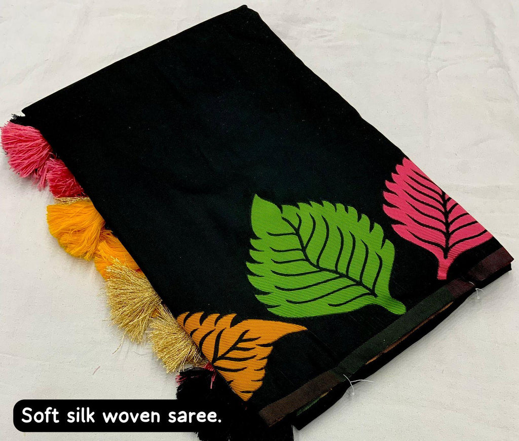 Black Pure Silk Woven Design Saree with Unstitched Blouse - Hiral Fashion