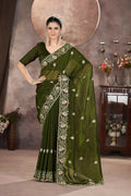 Vastranavya Gold Crunchy Multi Colour Threads Embroidery Work with Sequins Work Saree with Blouse material - Mehendi