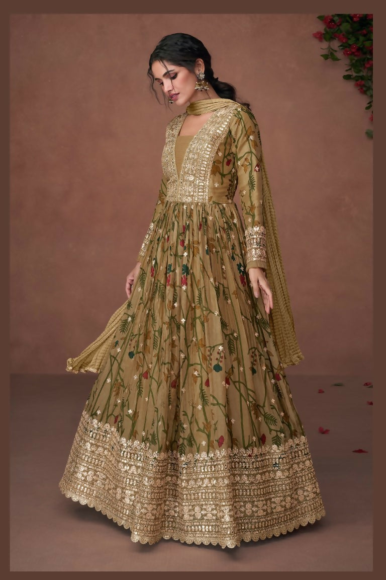 Vastranavya Green Organza Silk Floral Printed & Foil Mirror Work Anarkali Suit Set