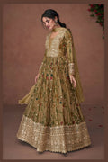 Vastranavya Green Organza Silk Floral Printed & Foil Mirror Work Anarkali Suit Set